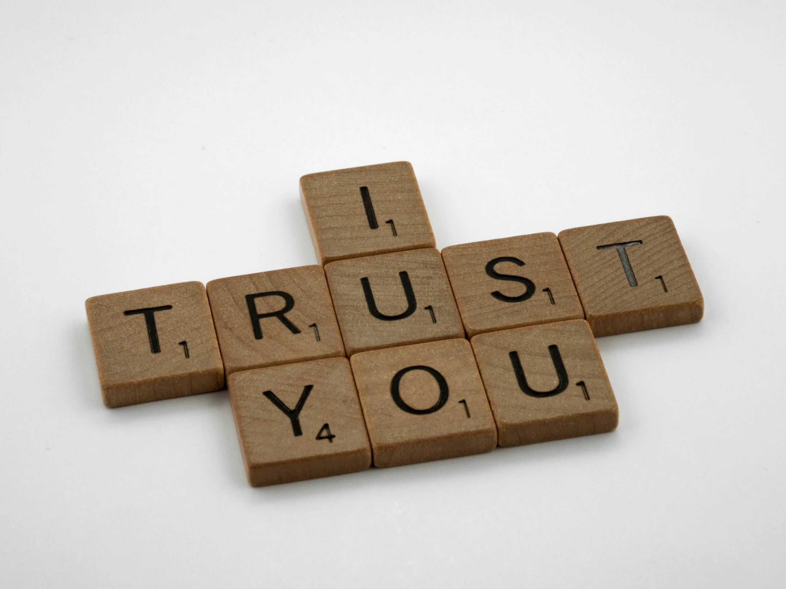 scrabble, scrabble pieces, lettering, letters, wood, scrabble tiles, white background, words, quote, letters, type, typography, design, layout, i trust you, trust, integrity, faith, love, belief, credence, confidence,