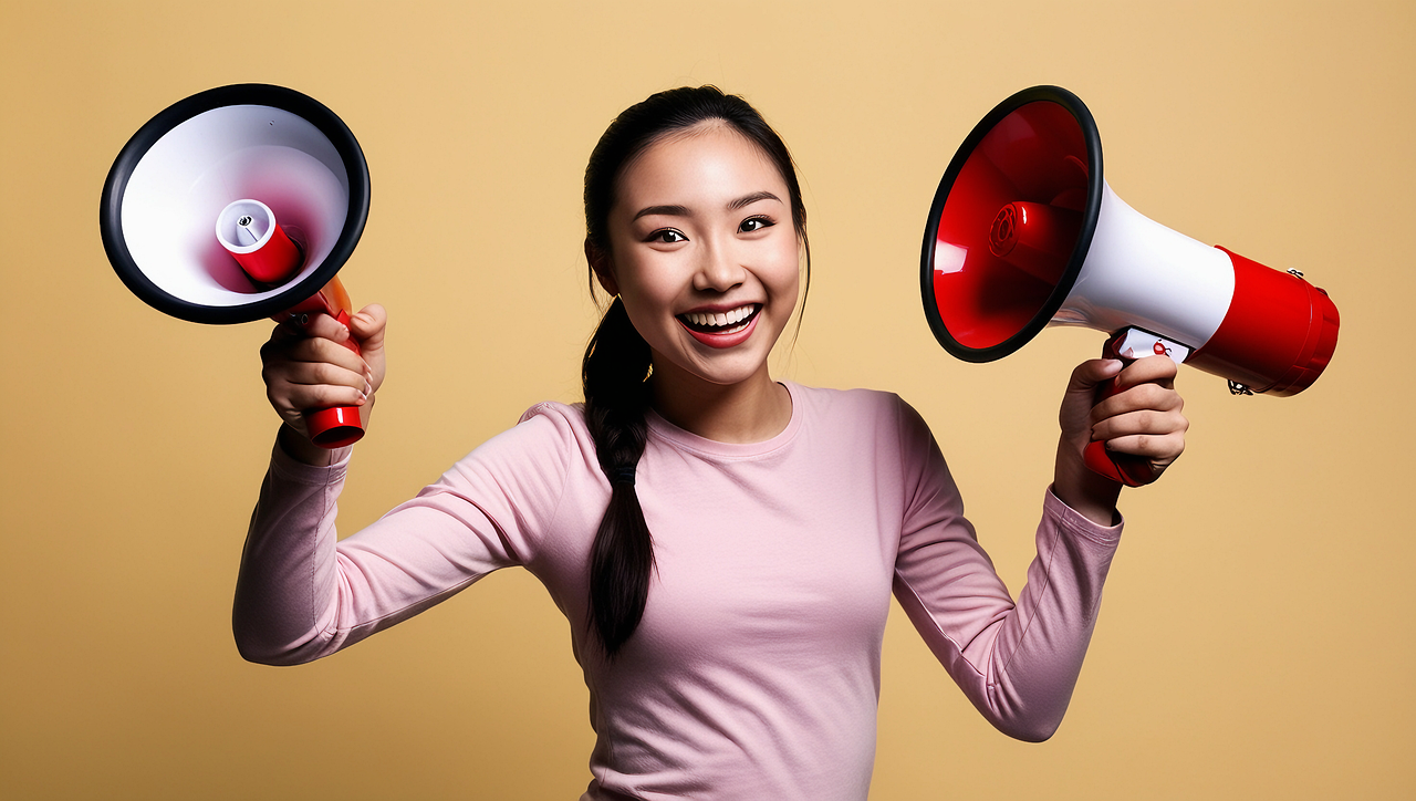 ai generated, woman, model, fashion, pose, asian, megaphone, promo, discount, sale, bonus, portrait